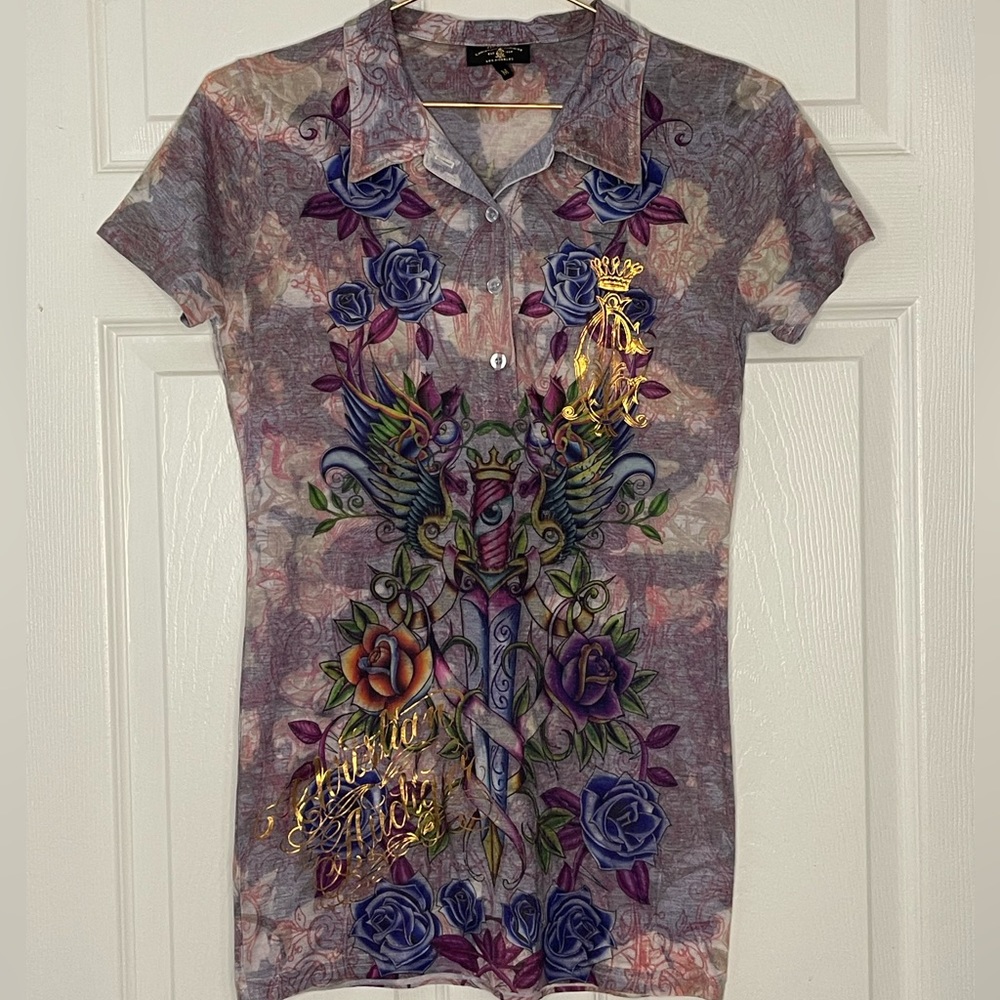 Christian Audigier Vintage Colorful Y2K Polo Shirt Size Medium